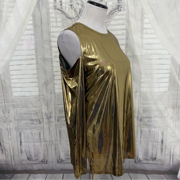 Michael Kors Gold Black Long Sleeve Cold Shoulder Shirt Long Sleeve Blouse Foil - Picture 12 of 12